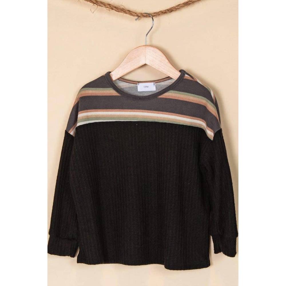 NEW 12PM BY MON AMI girls stripe waffle knit top in black